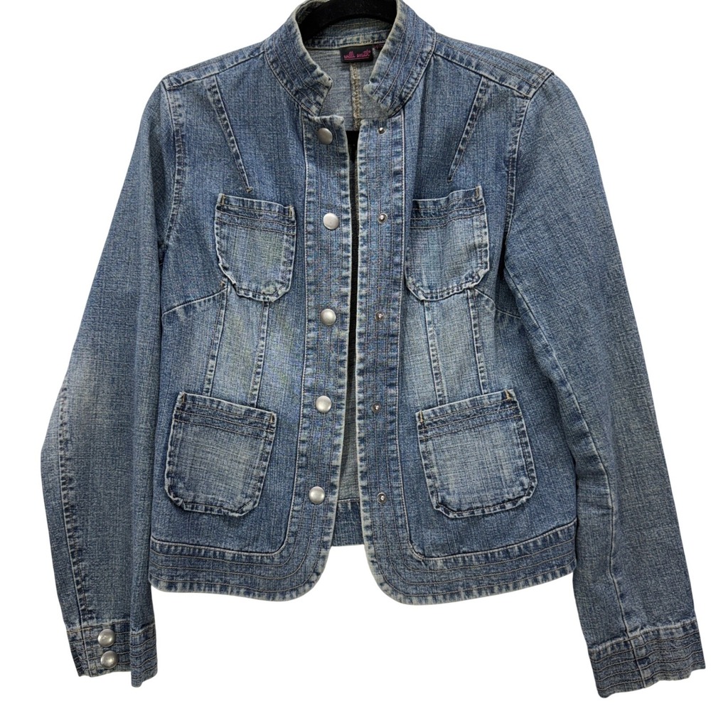 Willi Smith Womens Blue Denim Utility Jacket Size 4 Stand Collar Cotton